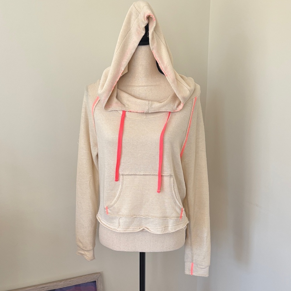 We The Free Cream Hoodie with Pink Details Distressed Frayed Hem Size XS
